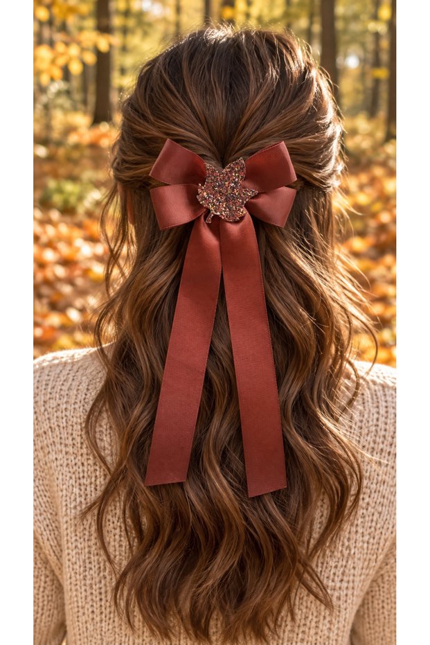 Bitter Brown Glitter Leaf Patterned Women's Adult Child Automatic French Barrette