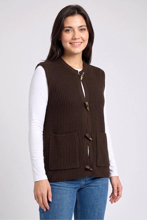 Women Knitted Sleeveless Cardigan, Dark Brown
