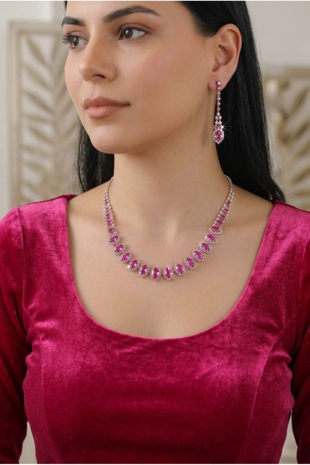 Pink Shuttle Stone Necklace and Earring Set