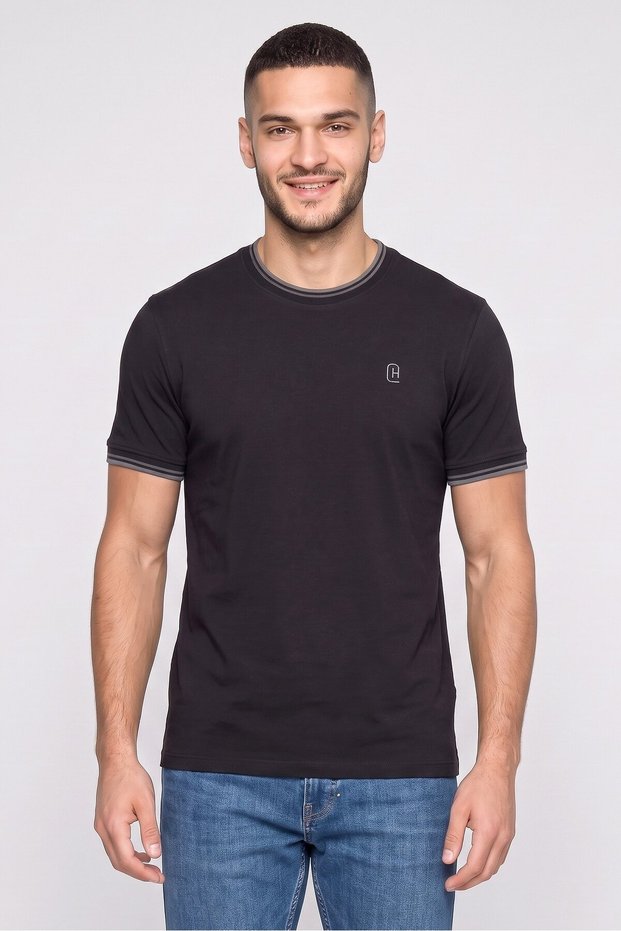 Men Crew Neck Short Sleeve Embroidered Logo T-Shirt, Black