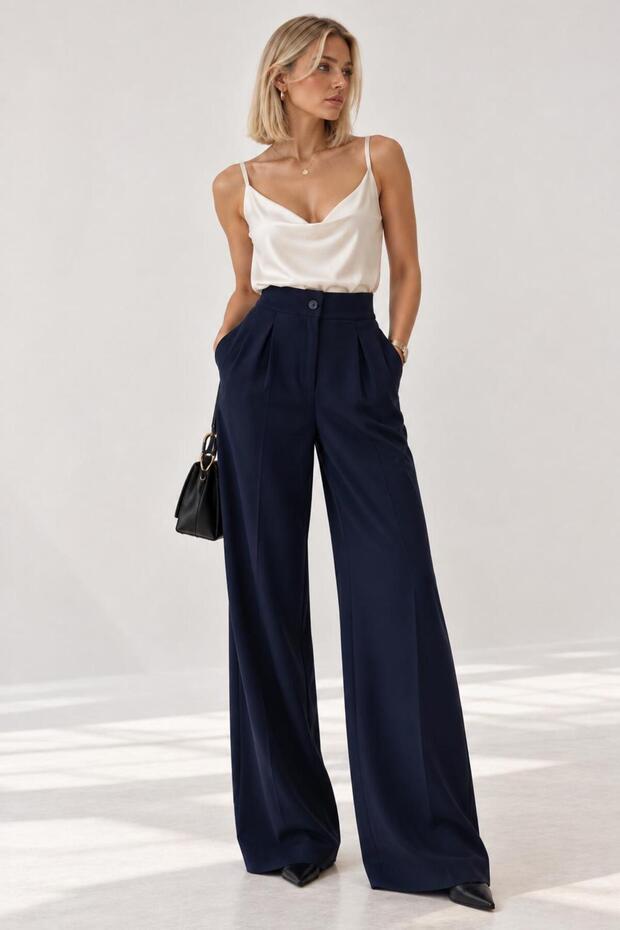 Women's Lycra Navy Blue High Waist Pleated Palazzo Trousers