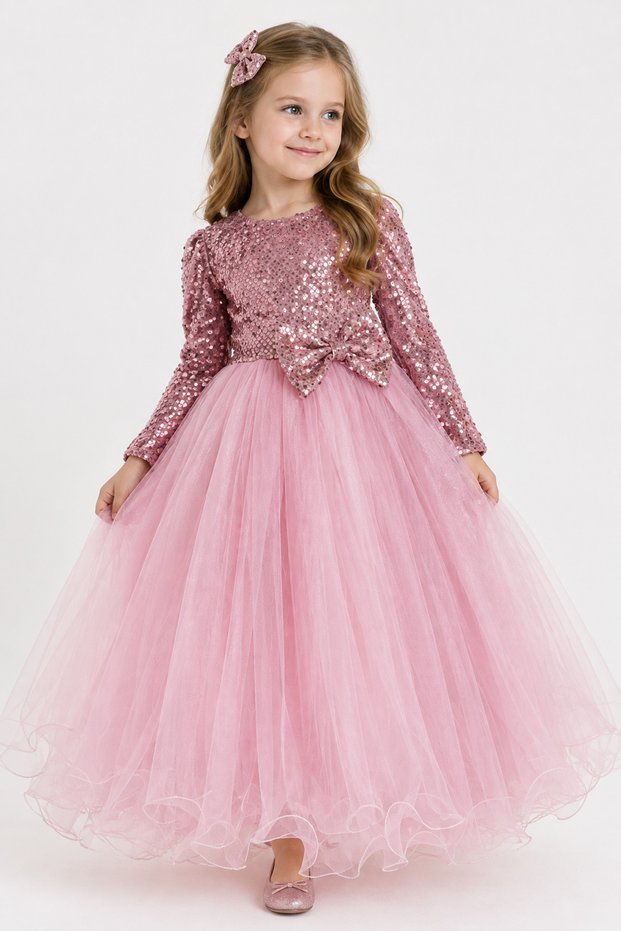 Sequined Long Sleeve Long Tulle Skirt Girls Winter Evening Dress