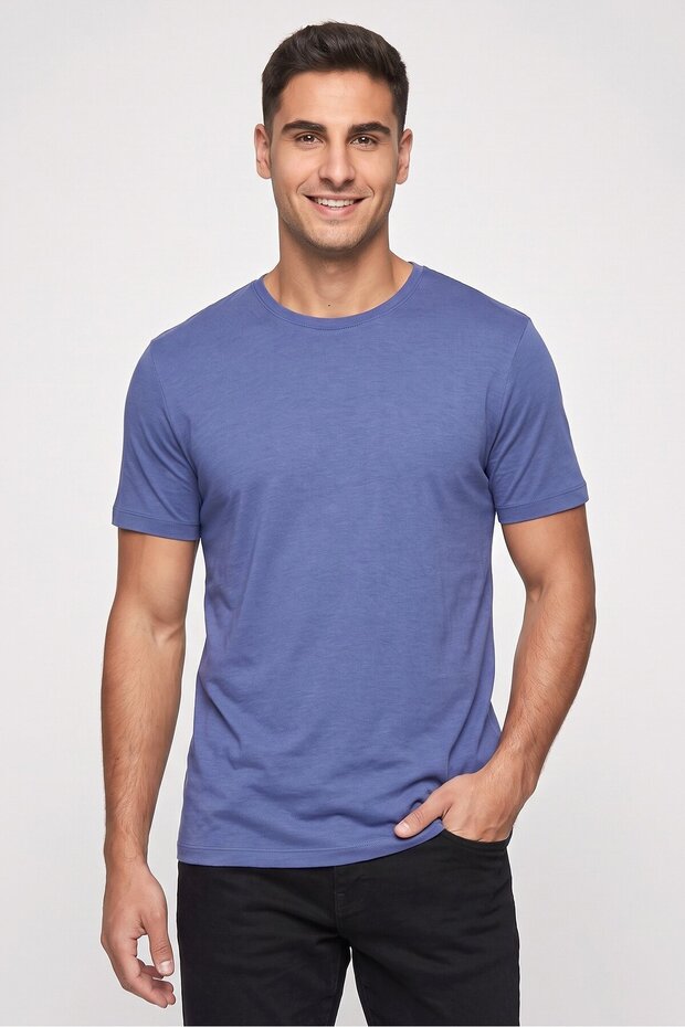 Jeans Men Crew Neck Short Sleeve Solid T-Shirt, Blue