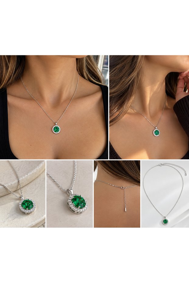 Green Zircon Stone Rotating Round Pendant Silver Color 40 cm + 5 cm Extension Chain