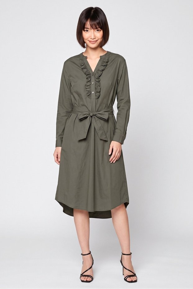 Women Plain Tie Belted Midi Dress, Olive