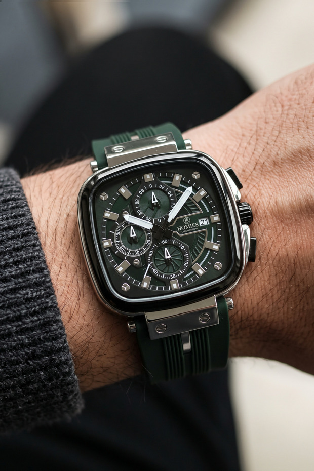 Silicone Cord 2 Years Warranty Green Men's Wristwatch
