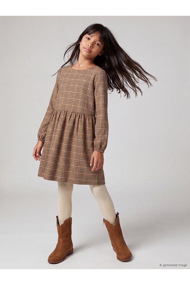 Peak New Season Brown Plaid Dress for Girls.