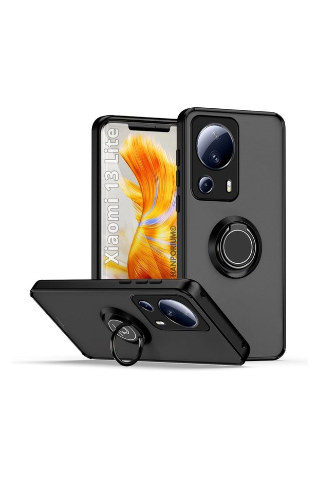 Xiaomi 13 lite compatible case with ring stand, extra impact protection hard silicone cover - black