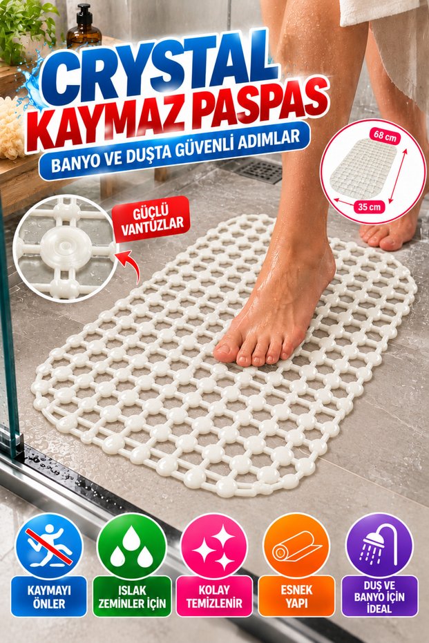 Crystal Non-Slip Suction Cup Bath Mat White 68X35 cm Wet Floor Anti-Slip Bathtub Shower Cabin Pvc Mat
