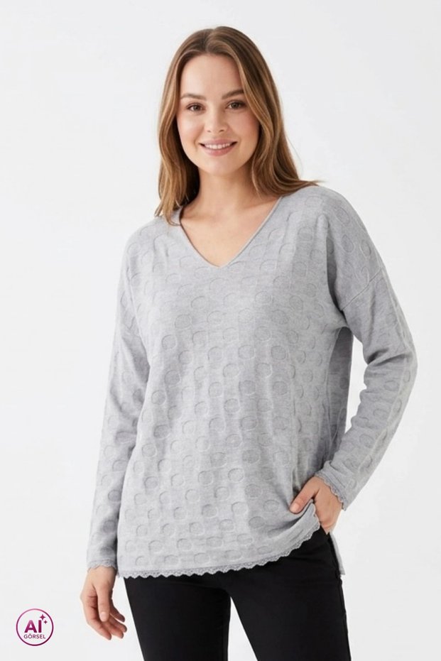 Women's Giri̇ V-Neck Large Size Cashmere Thread Thin Knitwear Blouse