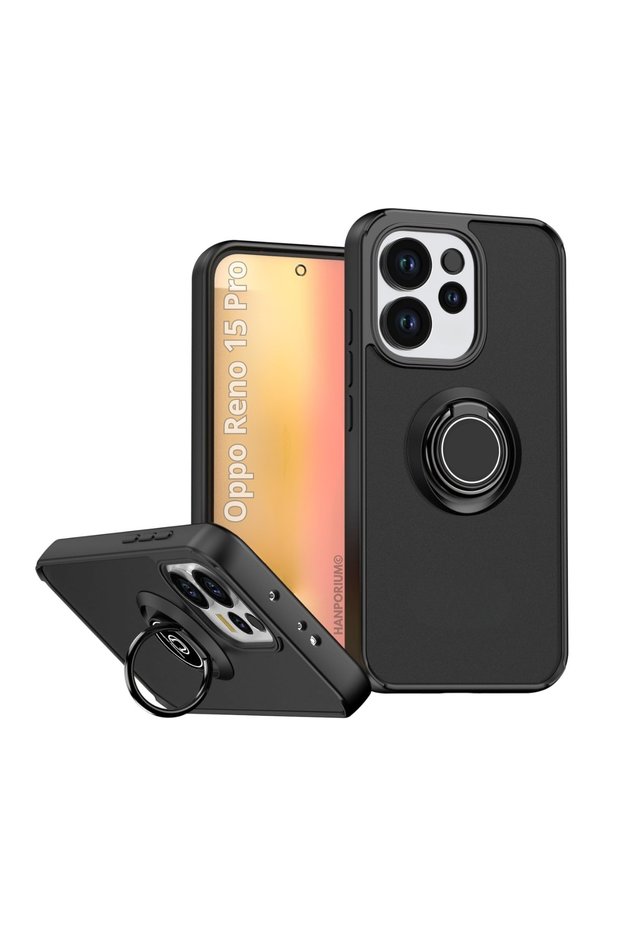 Oppo reno 15 pro compatible case with ring stand, extra impact protection hard silicone cover - black