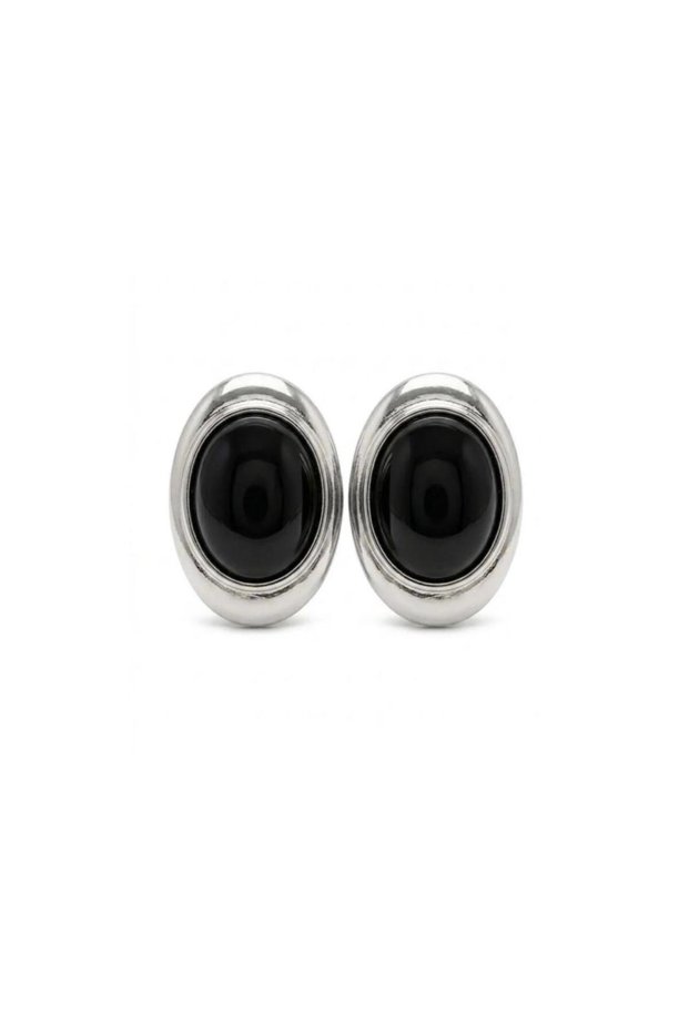 Rovena Oval Stone Detailed Steel Earrings - Black