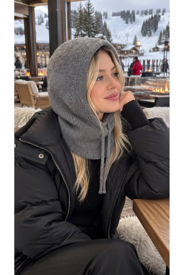 Gray Soft Textured Knitwear Women's Balaclava Beanie