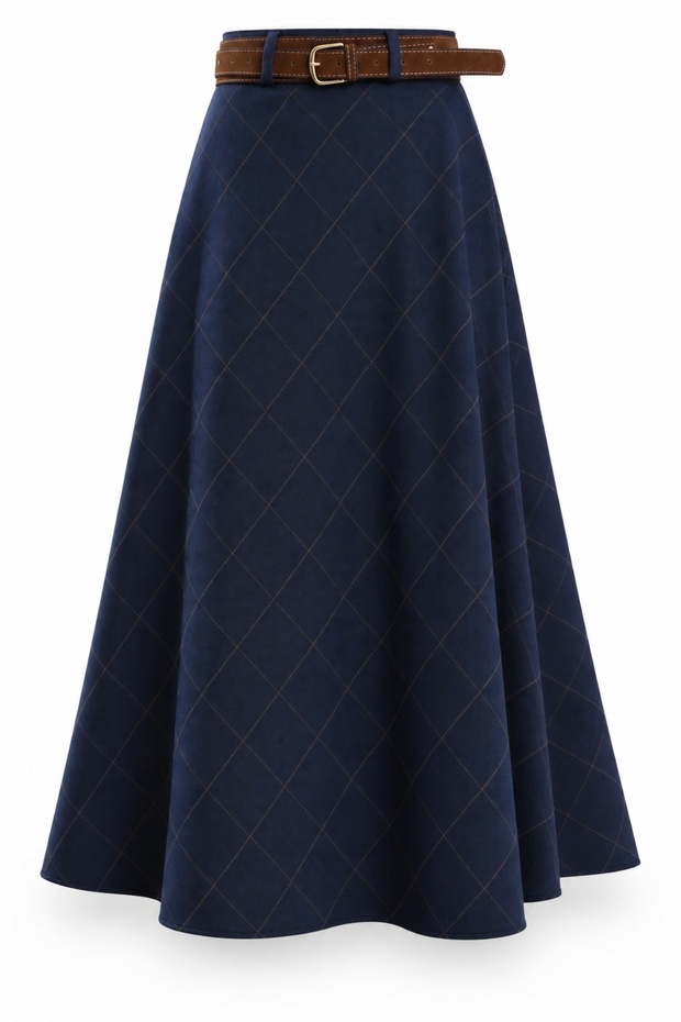 Navy Blue Belted Checkered Flared Skirt 15813