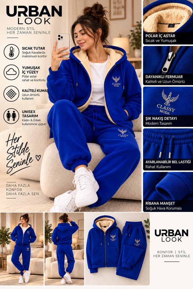 Unisex Hooded Zip-Up Tracksuit Set – Fleece-Lined Top, Relaxed Fit