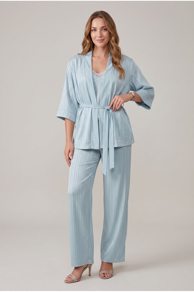 Women's Light Blue Line Patterned Lace Detailed 3-Piece Nightgown Set with Dressing Gown