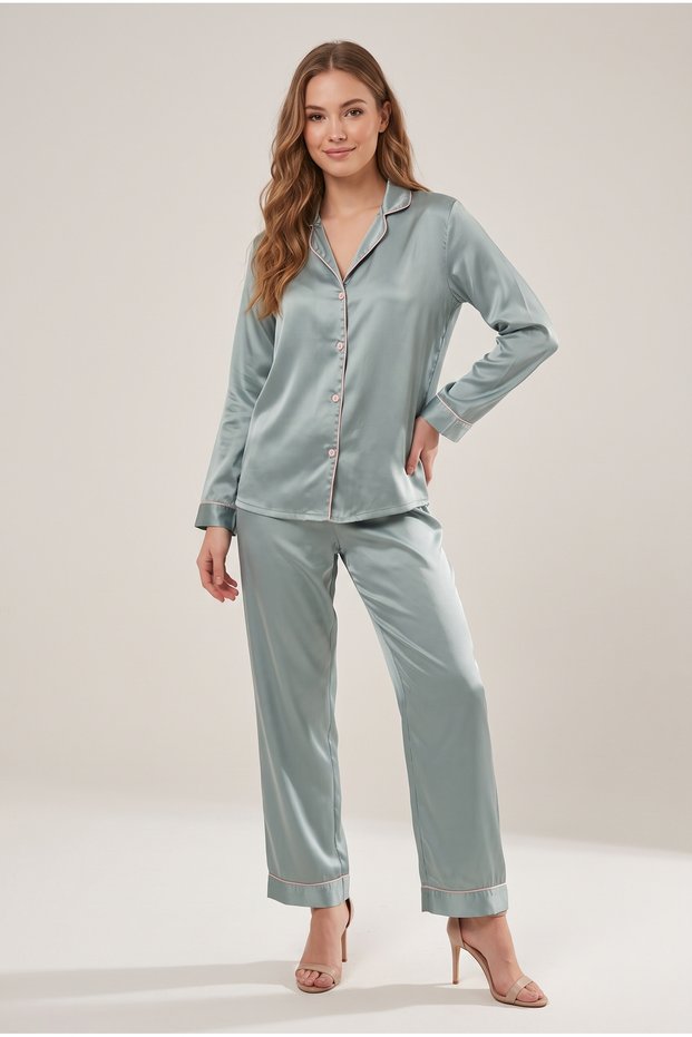 Women's Stylish and Comfortable Two-Piece Nightwear Set - Button-Up Long Sleeve Top and Trouser Bottom