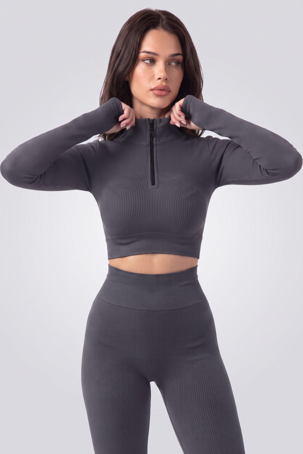 Seamless High Waist Tummy Control Leggings and Zipper Crop Top Women's Fitness Set