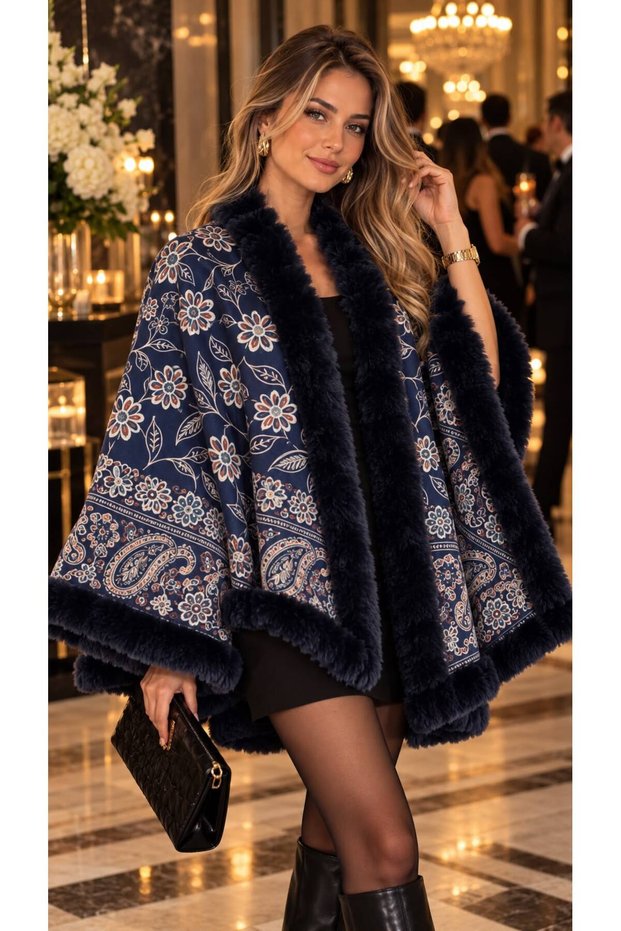 Navy Blue Premium Faux Fur Floral Patterned Woven Women's Poncho