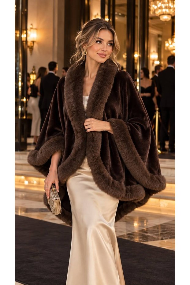 Brown Premium Faux Fur Woven Women's Poncho