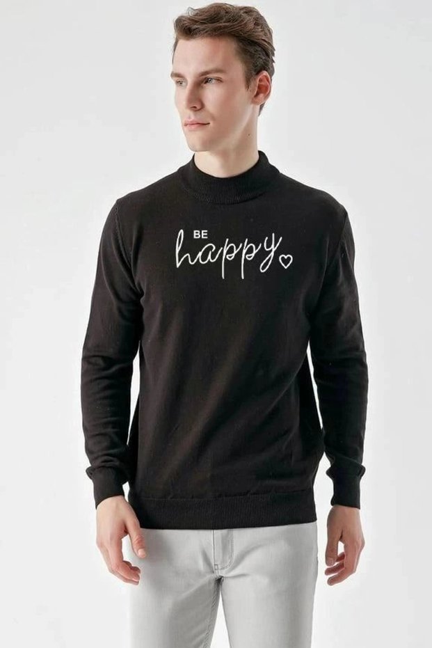 Marchè Bien Men's Half Open Pullover Printed Woven Knitwear - Black