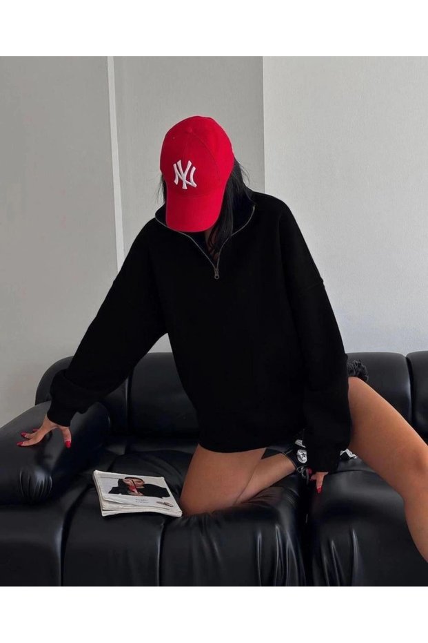 Women's 3 Thread Cotton Oversize Half-Zip Collared Basic Sweatshirt - Black