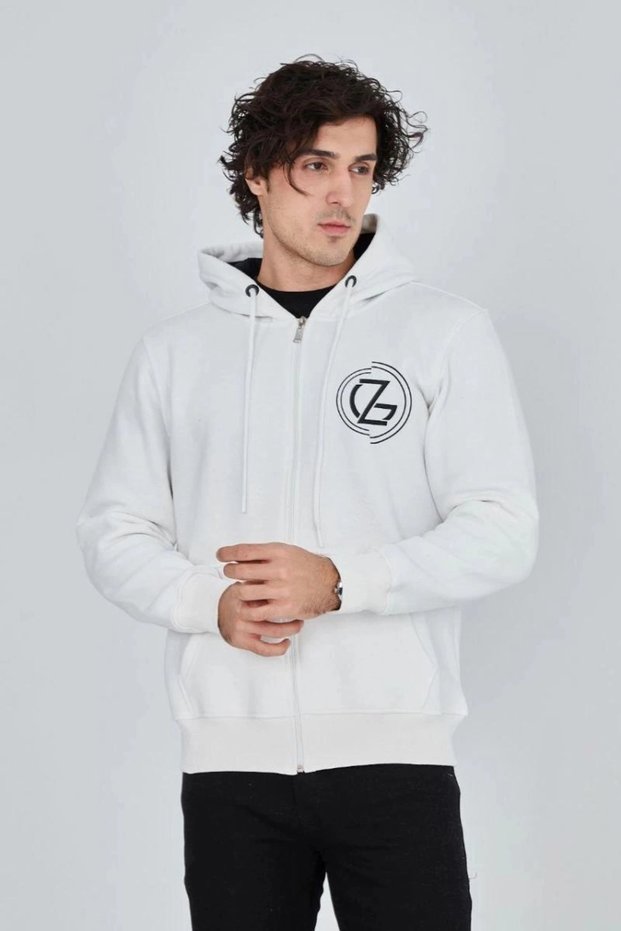 Marchè Bien Men's 3 Thread Cotton Zippered Hooded Kangaroo Pocket Printed Hoodie Cardigan Sweatshirt