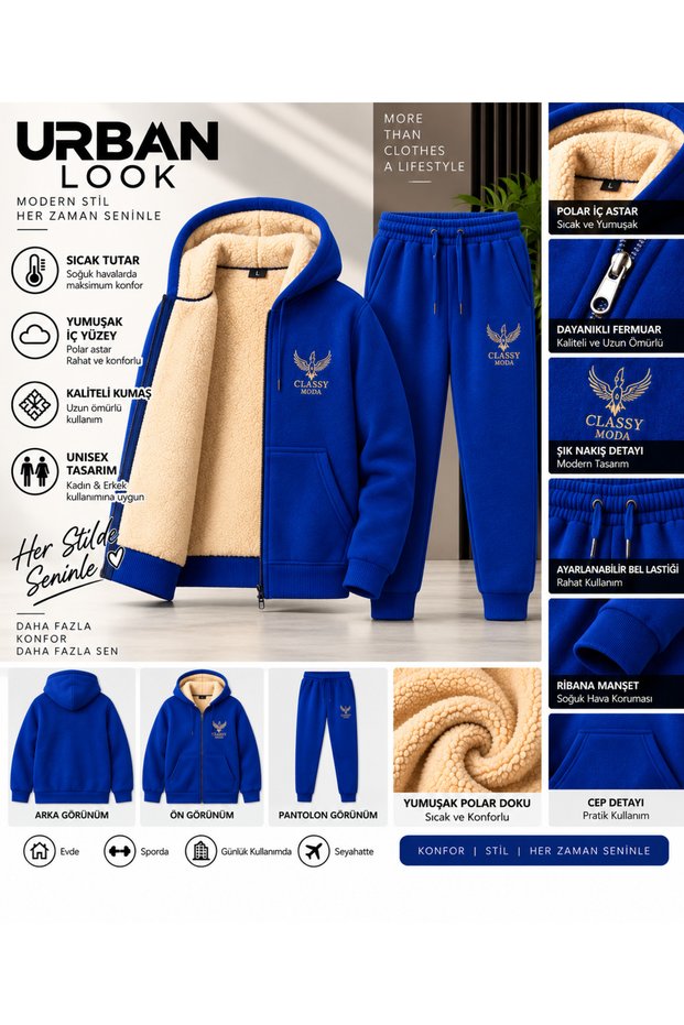 Unisex Fleece-Lined Zippered Hooded Tracksuit Set – Warm Winter 2-Piece Set