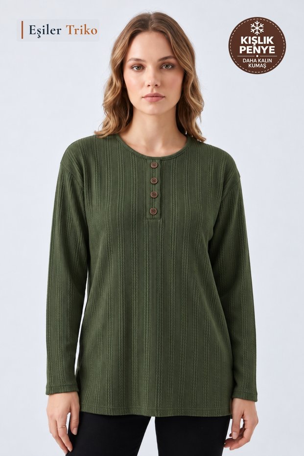 Women's Winter Twisted Patterned 4-Button Knitwear Look Mother's Combed Cotton Blouse