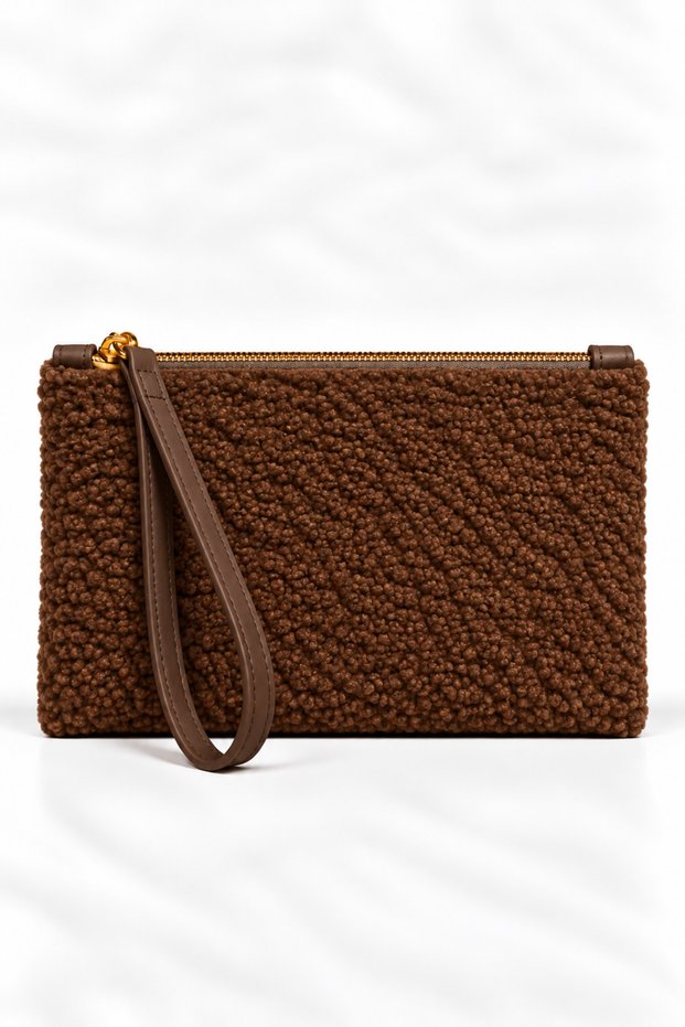 Women's Brown Plush Wristlet Bag with Zipper, Soft Textured Portfolio & Clutch Bag