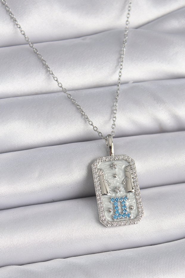 316L Steel Silver Color Chain Gemini Zodiac Sign Zircon Stone Women's Necklace