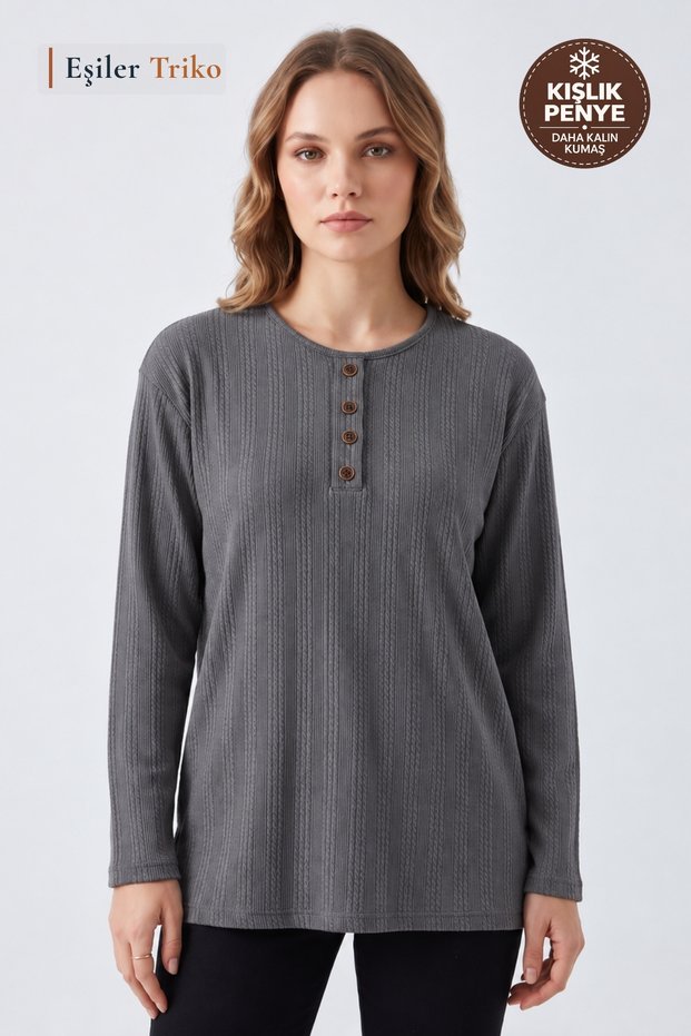 Women's Winter Twisted Patterned 4-Button Knitwear Look Mother's Combed Cotton Blouse