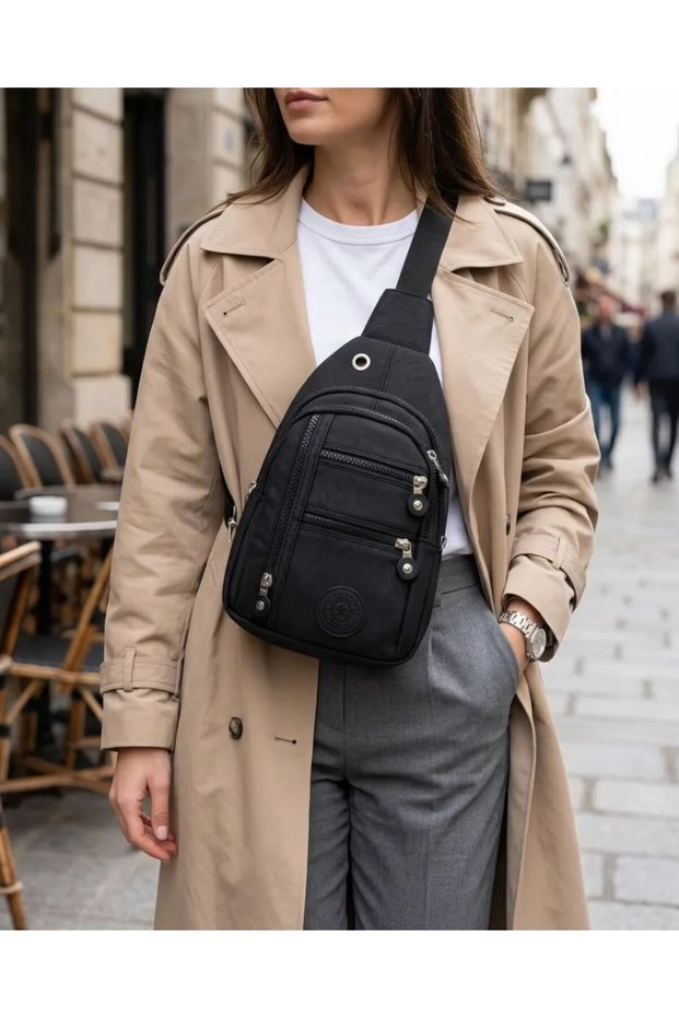 Women's Black Parachute Fabric Cross Shoulder Bag with 5 Zippered Compartments 20X29 cm