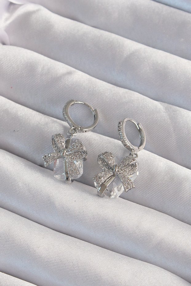 Brass Silver Color Chunky Zircon Stone Bow Model Hoop Earrings