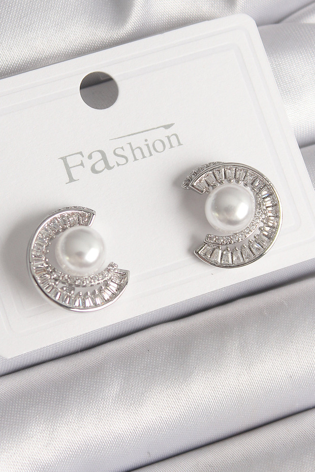 Brass Silver Color Zircon Stone Snail Model Pearl Detail Women's Earrings
