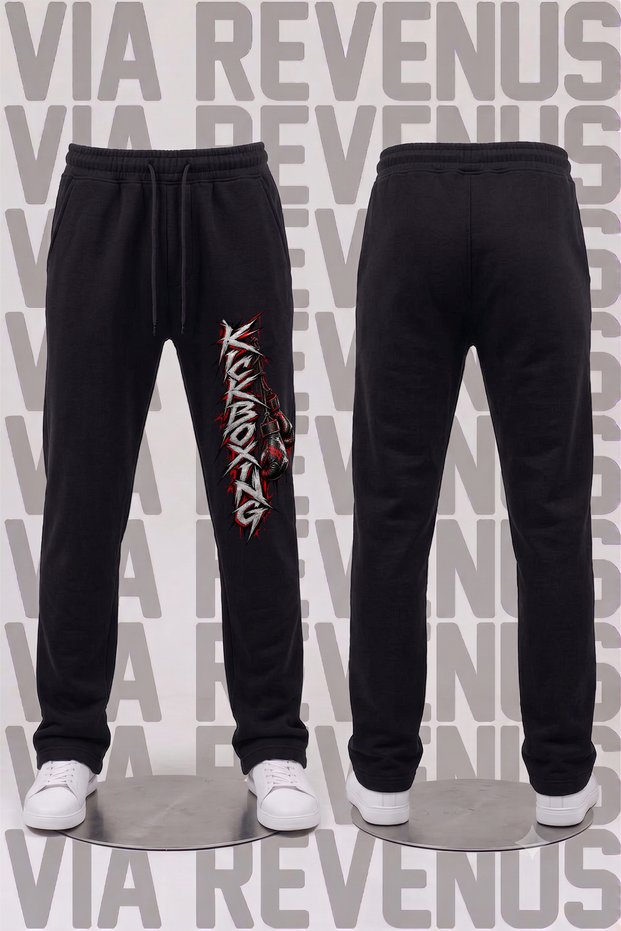 Kickboxing Printed Black Straight-Leg Sweatpants Relaxed Fit Drawstring Sweatpants with Pockets