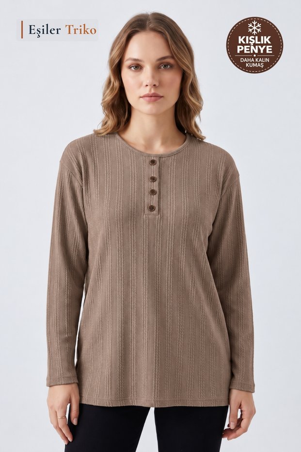 Women's Winter Twisted Patterned 4-Button Knitwear Look Mother's Combed Cotton Blouse