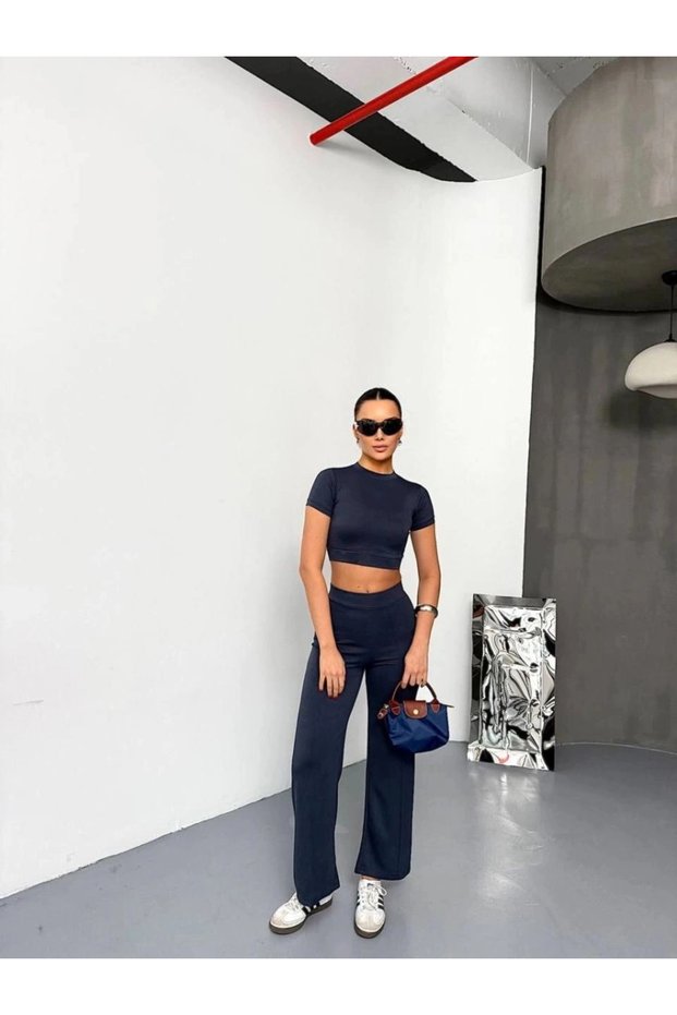Marchè Bien Kadın Osy Modal Soft Textured Fabric Short Sleeve Crop Bottom Spanish Leg Pants Double Ta