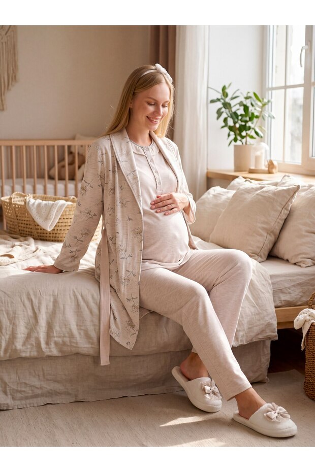 New Season Beige Patterned Shawl Collar 100% Cotton Winter Long Sleeve Special Design Maternity Pajama Set with Nursing Features