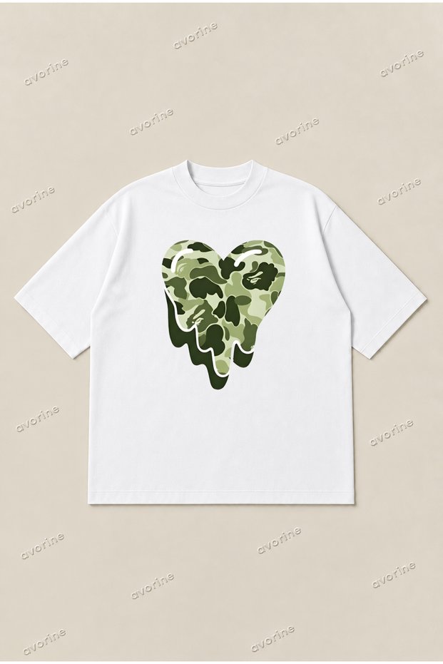 Bape Green Heart Printed Oversize Boxy Cut Unisex 100% Cotton Tshirt | Streetwear