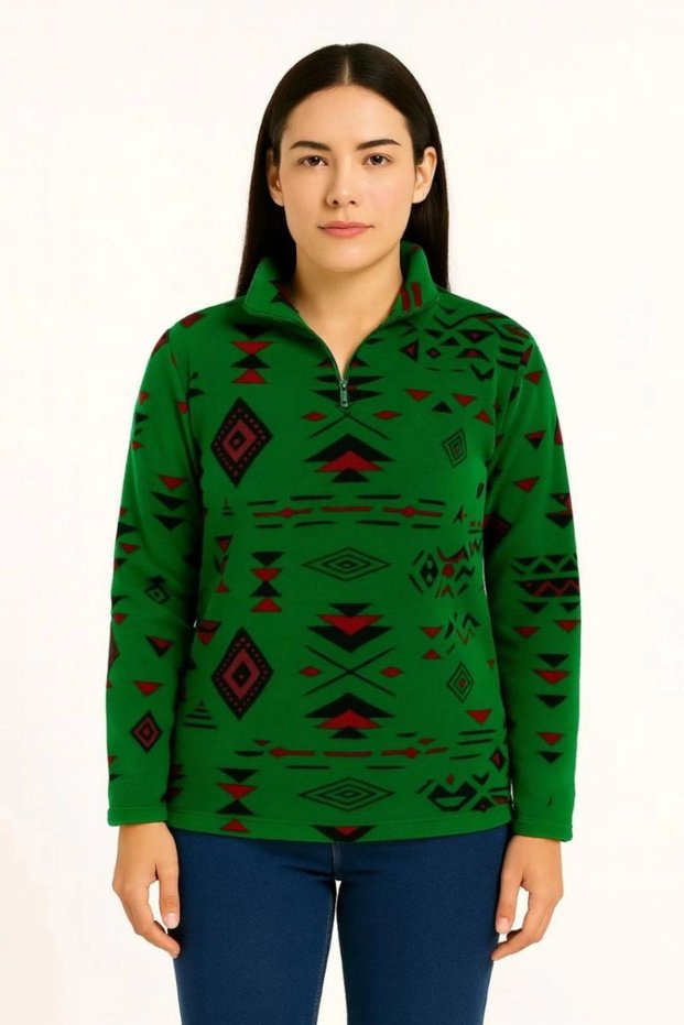 Marchè Bien Women's Half Zipper Patterned Fleece Sweatshirt Tribal Ethnic Pattern Collared Long Sleeve - Green