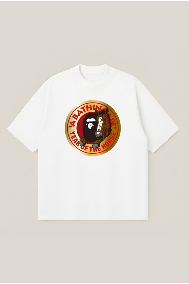 Bape Horse Printed Oversize Boxy Cut Unisex 100% Cotton Tshirt | Streetwear