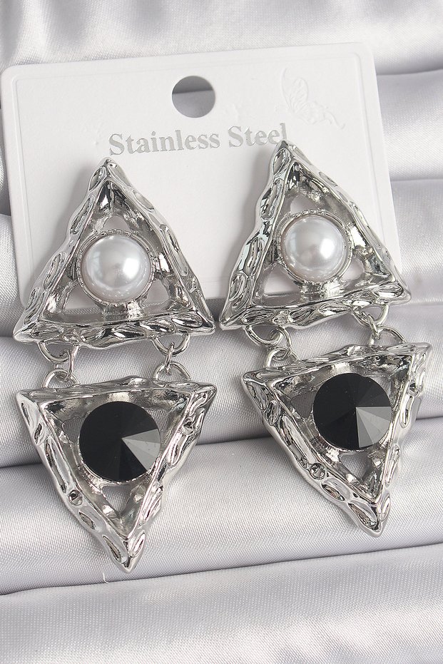 Brass Silver Color Dangle Triangle Model Pearl Detail Women's Earrings