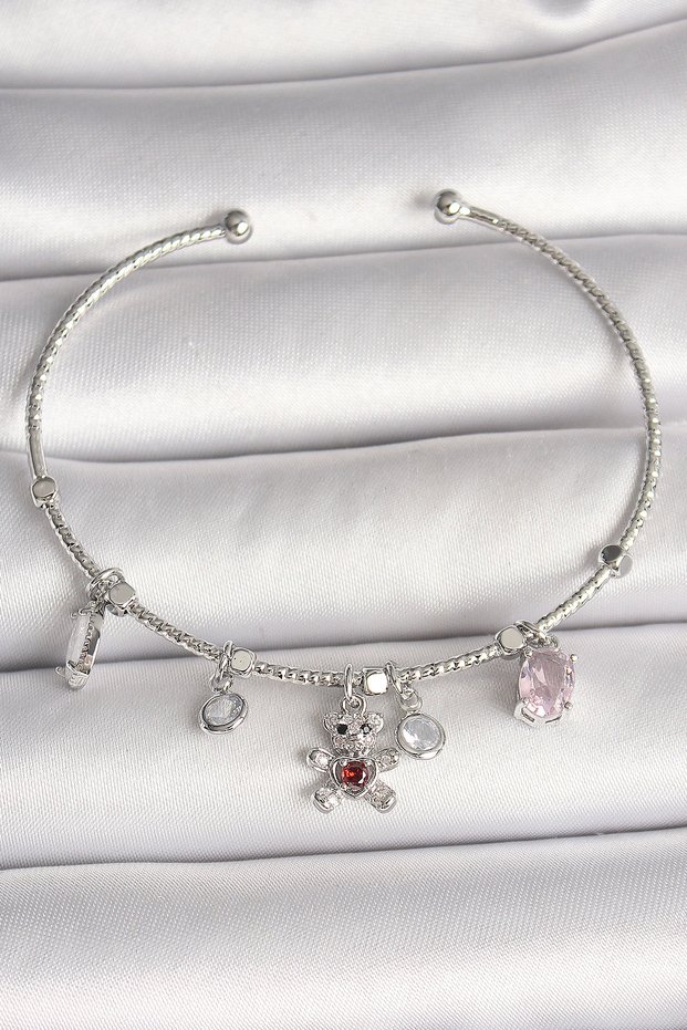 Brass Silver Color Hanging Zircon Stone Teddy Bear Figure Red Stone Detail Charm Women's Bracelet