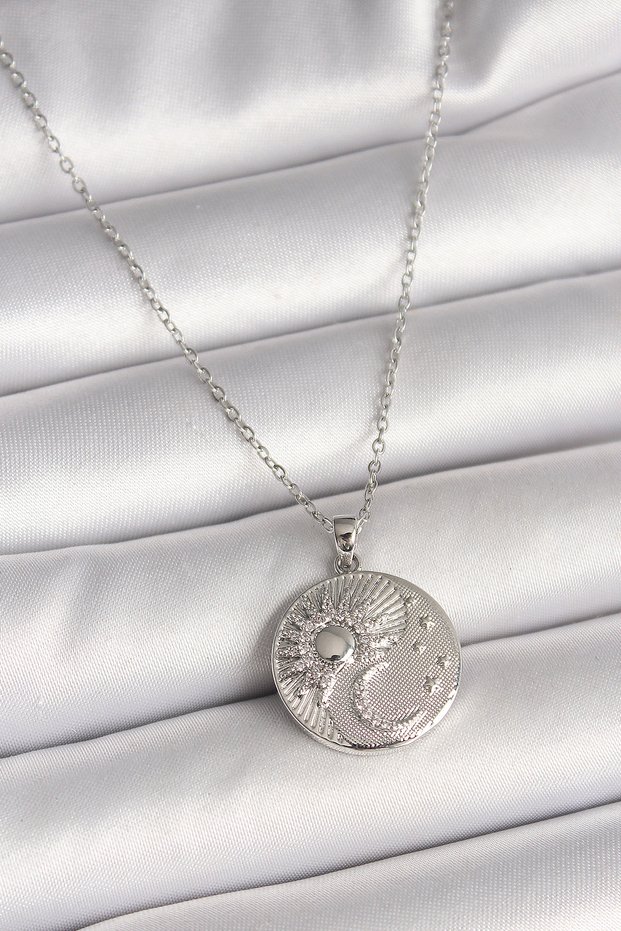 316L Steel Silver Color Chain Zircon Stone Moon Sun Engraved Medallion Model Women's Necklace