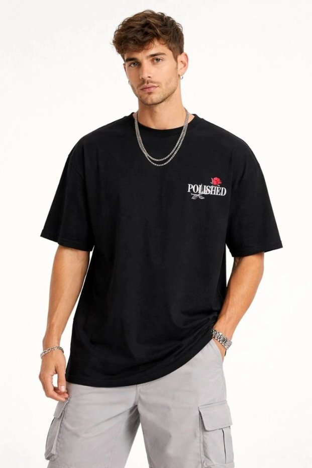Men's Short Sleeve Summer T-Shirt Crew Neck Printed Oversize T-Shirt - Black