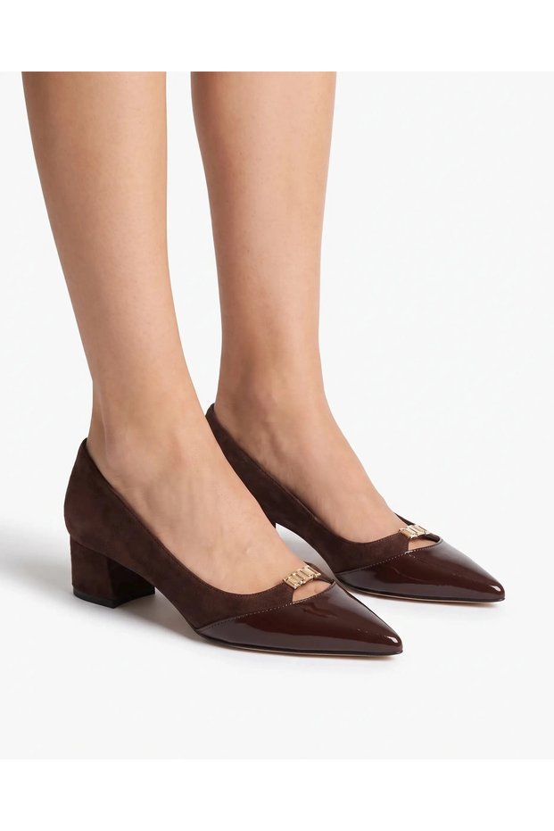 Brown Suede Patent Leather Block Heeled Shoes with Gold Accessories