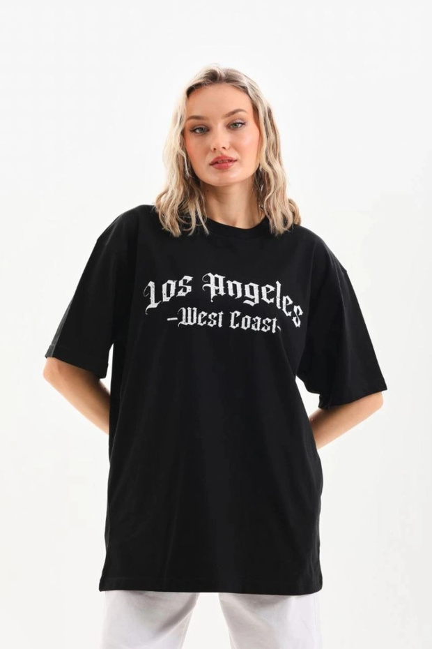 Marchè Bien Women's Printed T-Shirt Short Sleeve Crew Neck Oversize T-Shirt - Black