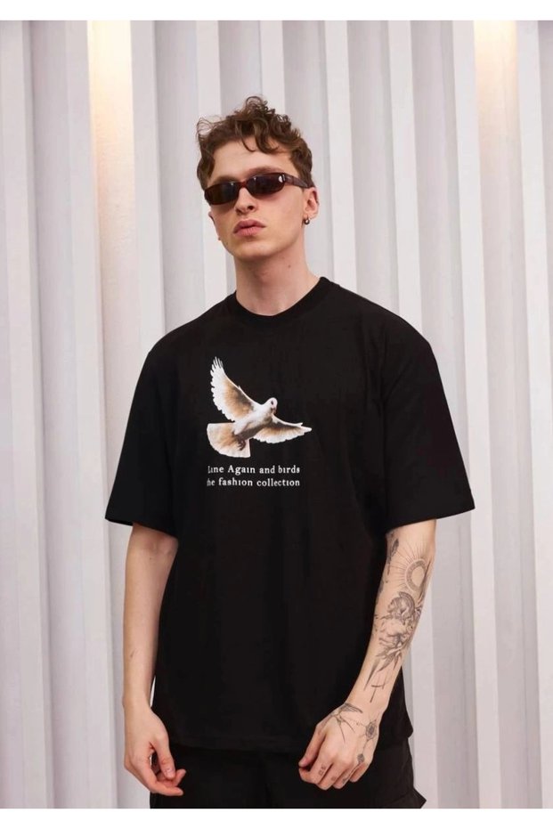 Marchè Bien Men's Short Sleeve Summer T-Shirt Crew Neck Printed Oversize T-Shirt - Black