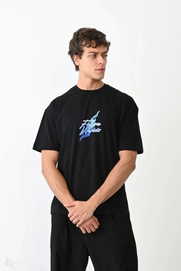 Marchè Bien Men's Short Sleeve Summer T-Shirt Crew Neck Printed Oversize T-Shirt - Black